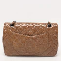 Pre Owned Chanel Camel Quilted Crinkled Patent Leather Medium Classic Double Flap Bag
