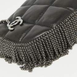 Pre Owned Chanel Black Square Quilted Leather Chain Fringe Pochette