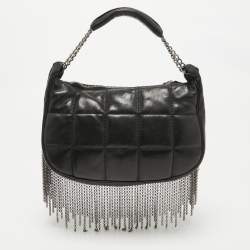 Pre Owned Chanel Black Square Quilted Leather Chain Fringe Pochette
