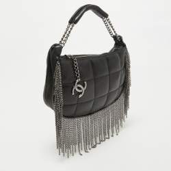 Pre Owned Chanel Black Square Quilted Leather Chain Fringe Pochette
