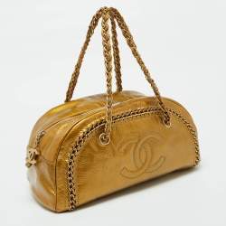 Pre Owned Chanel Metallic Gold Leather Medium Chain Trim Luxe Ligne Bowler Bag