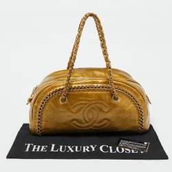 Pre Owned Chanel Metallic Gold Leather Medium Chain Trim Luxe Ligne Bowler Bag