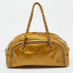 Pre Owned Chanel Metallic Gold Leather Medium Chain Trim Luxe Ligne Bowler Bag