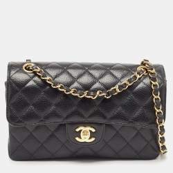 Pre Owned Chanel Black Quilted Caviar Leather Small Classic Double Flap Bag