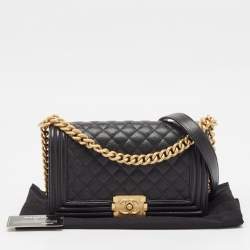 Pre Owned Chanel Black Quilted Caviar Leather Medium Boy Flap Bag
