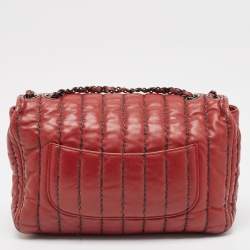 Pre Owned Chanel Dark Red Vertical Stitch Leather Jumbo Single Flap Bag