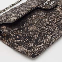 Pre Owned Chanel Black/Metallic Quilted Lace Medium Classic Double Flap Bag