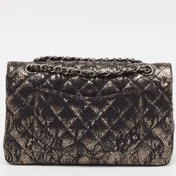 Pre Owned Chanel Black/Metallic Quilted Lace Medium Classic Double Flap Bag