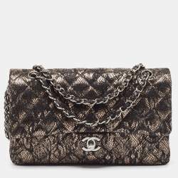 Pre Owned Chanel Black/Metallic Quilted Lace Medium Classic Double Flap Bag