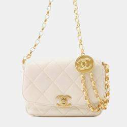 Chanel Lambskin White Coco Mark Matelasse Coin Motif Chain Shoulder Bag