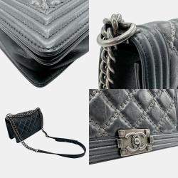 Pre Owned Chanel Leather Metal Silver Black Boy Chanel Shoulder Bag