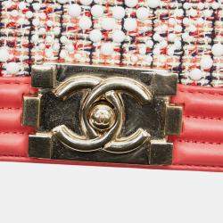 Pre Owned Chanel Pink White Multicolor Tweed Leather Boy Coco Mark Chain Shoulder Bag