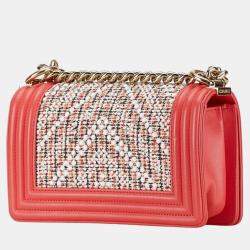 Pre Owned Chanel Pink White Multicolor Tweed Leather Boy Coco Mark Chain Shoulder Bag