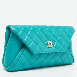 Pre Owned Chanel Turquoise Quilted Leather Fold Up Again Clutch