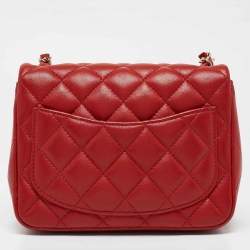 Pre Owned Chanel Red Quilted Leather Mini Square Classic Flap Bag