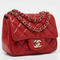 Pre Owned Chanel Red Quilted Leather Mini Square Classic Flap Bag