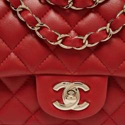 Pre Owned Chanel Red Quilted Leather Mini Square Classic Flap Bag