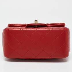 Pre Owned Chanel Red Quilted Leather Mini Square Classic Flap Bag
