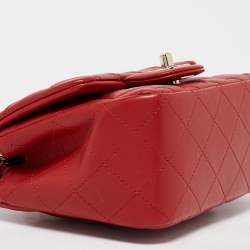 Pre Owned Chanel Red Quilted Leather Mini Square Classic Flap Bag
