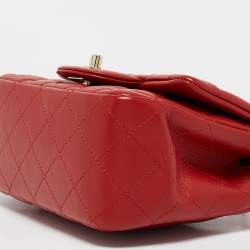 Pre Owned Chanel Red Quilted Leather Mini Square Classic Flap Bag