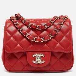 Pre Owned Chanel Red Quilted Leather Mini Square Classic Flap Bag