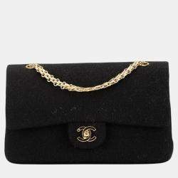 Chanel Black Cotton Jersey Matelasse Double Flap Coco Mark Chain Shoulder Bag