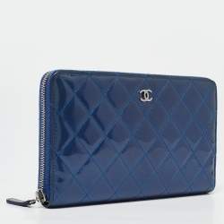 Pre Owned Chanel Blue Quilted Patent Leather Classic Zip Around Wallet Organizer