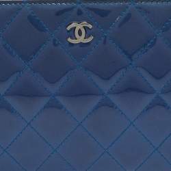 Pre Owned Chanel Blue Quilted Patent Leather Classic Zip Around Wallet Organizer