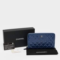 Pre Owned Chanel Blue Quilted Patent Leather Classic Zip Around Wallet Organizer