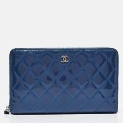 Pre Owned Chanel Blue Quilted Patent Leather Classic Zip Around Wallet Organizer