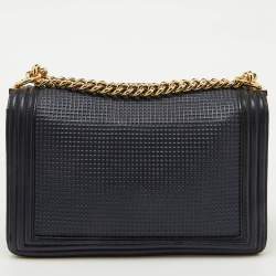 Pre Owned Chanel Navy Blue Leather Cube Embossed Medium Boy Flap Bag