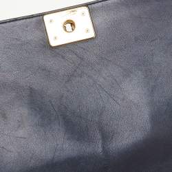 Pre Owned Chanel Navy Blue Leather Cube Embossed Medium Boy Flap Bag