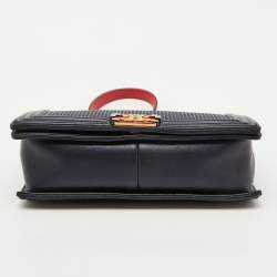 Pre Owned Chanel Navy Blue Leather Cube Embossed Medium Boy Flap Bag