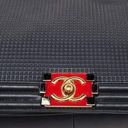 Pre Owned Chanel Navy Blue Leather Cube Embossed Medium Boy Flap Bag