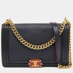 Pre Owned Chanel Navy Blue Leather Cube Embossed Medium Boy Flap Bag