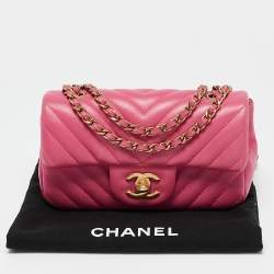 Pre Owned Chanel Fuchsia Chevron Leather Extra Mini Rectangular Flap Bag