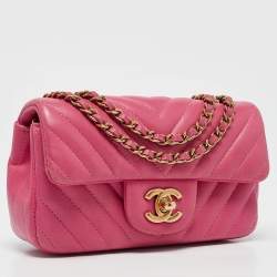 Pre Owned Chanel Fuchsia Chevron Leather Extra Mini Rectangular Flap Bag