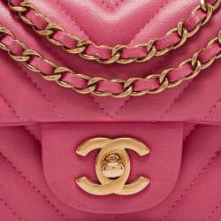 Pre Owned Chanel Fuchsia Chevron Leather Extra Mini Rectangular Flap Bag