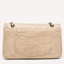 Pre Owned Chanel Beige Leather Medium Camellia Embossed Double Flap Flap Bag