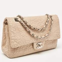 Pre Owned Chanel Beige Leather Medium Camellia Embossed Double Flap Flap Bag