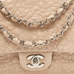 Pre Owned Chanel Beige Leather Medium Camellia Embossed Double Flap Flap Bag