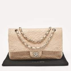 Pre Owned Chanel Beige Leather Medium Camellia Embossed Double Flap Flap Bag