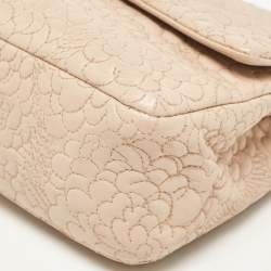Pre Owned Chanel Beige Leather Medium Camellia Embossed Double Flap Flap Bag