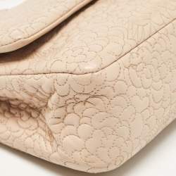Pre Owned Chanel Beige Leather Medium Camellia Embossed Double Flap Flap Bag