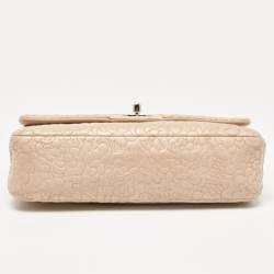 Pre Owned Chanel Beige Leather Medium Camellia Embossed Double Flap Flap Bag