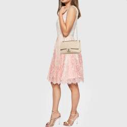 Pre Owned Chanel Beige Leather Medium Camellia Embossed Double Flap Flap Bag