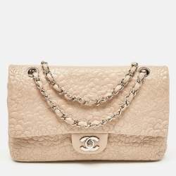 Pre Owned Chanel Beige Leather Medium Camellia Embossed Double Flap Flap Bag
