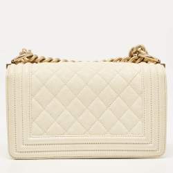 Pre Owned Chanel Cream Quilted Caviar Leather Small Boy Flap Bag