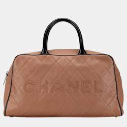 Chanel Pink Beige Black Caviar Skin Patent Leather Matelasse Boston Bag