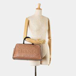 Chanel Pink Beige Black Caviar Skin Patent Leather Matelasse Boston Bag